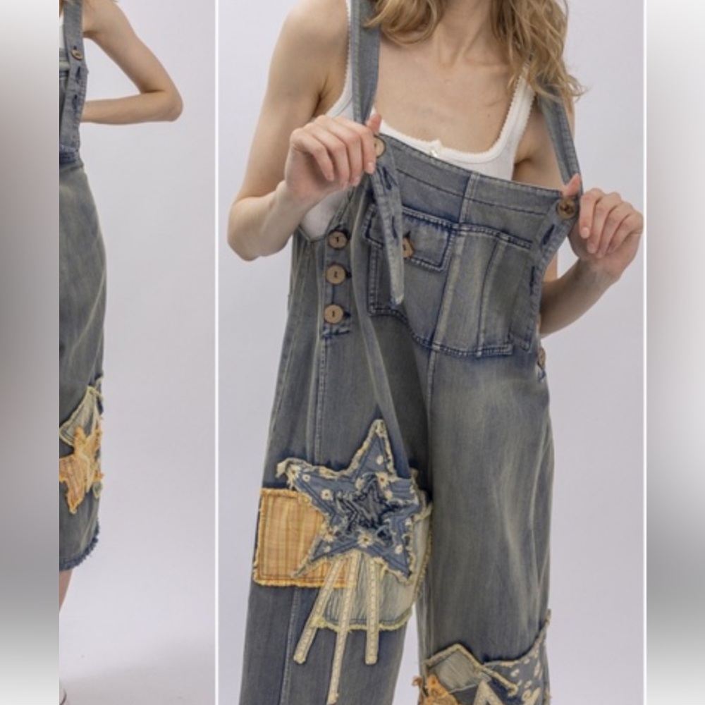Denim Overalls Dress with Star Appliqué - Blue